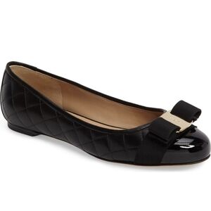 Salvatore Ferragamo Black Quilted Leather Bow Toe Ballet Flat